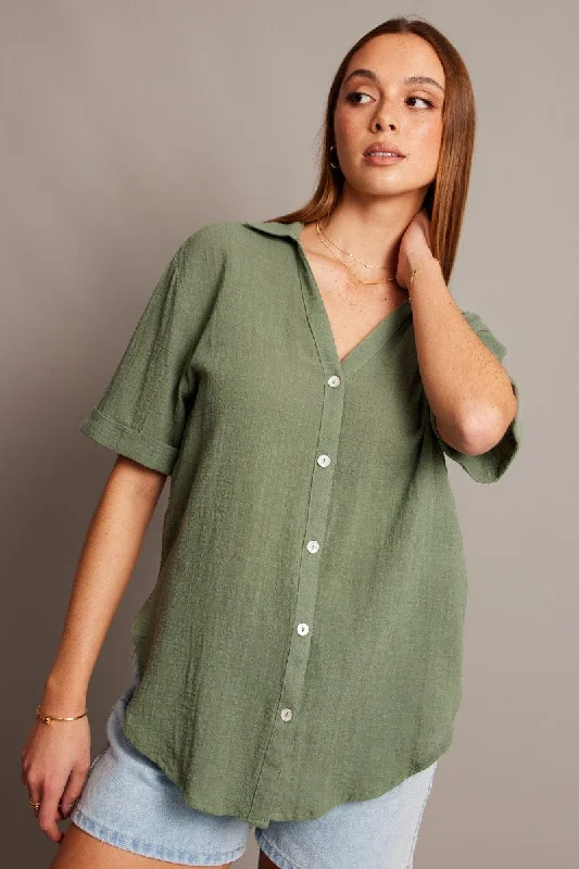 Green Relaxed Shirt Short Sleeve-- Mesh Fabric Canvas Fabric Denim Fabric