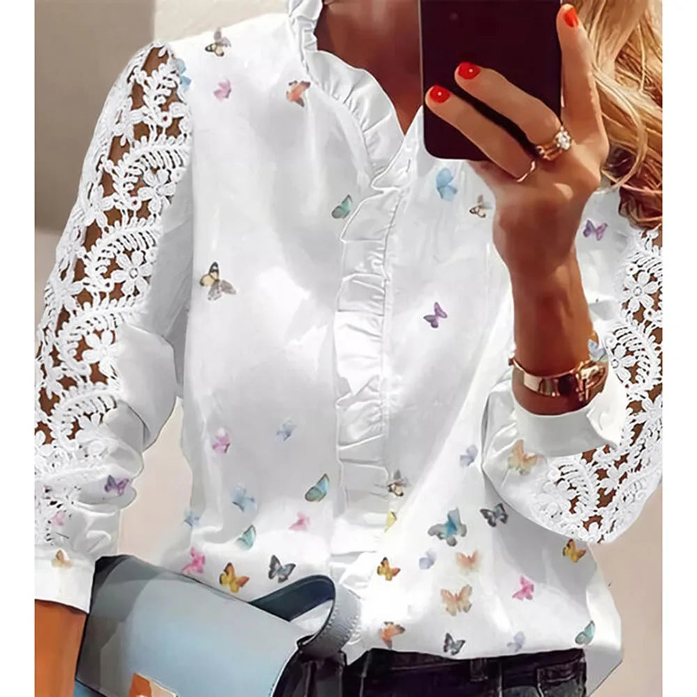 Solid Button Lace Splice V-Neck Women's Shirt Top White Women-- Zippered Buttoned Snapped