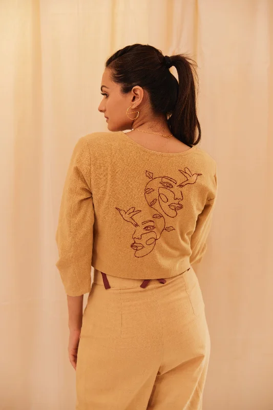 Pale Abstract Cropped Shirt-- Embroidered Appliqued Beaded