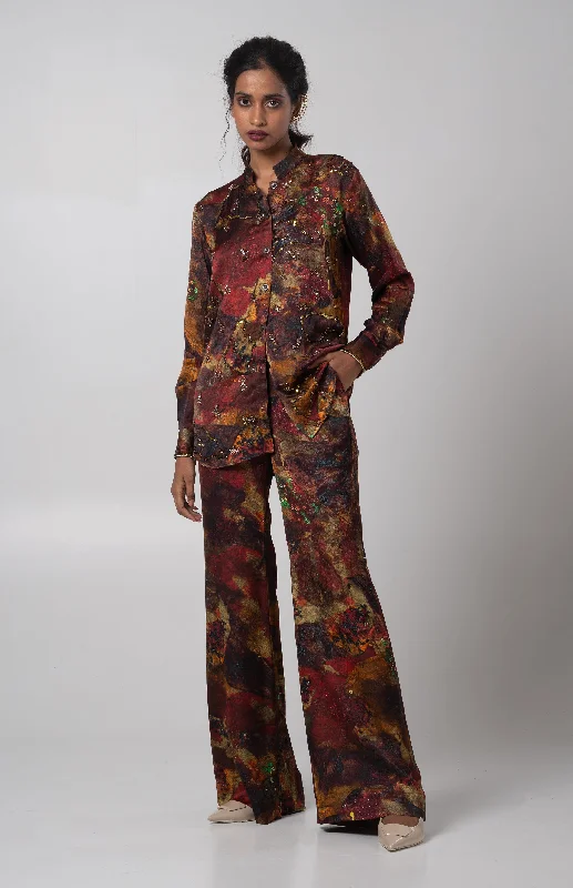 Sepia Embroidered Shirt Set-- Hooded Caped Shawl Collar