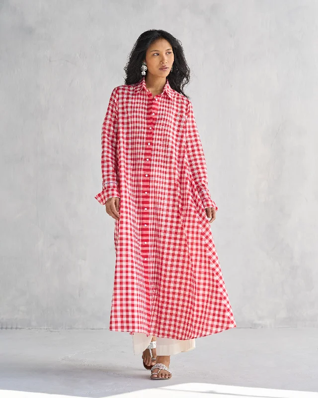 Shirt Collar Kurta - Red & White-- Anti-Shrink Durable Soft