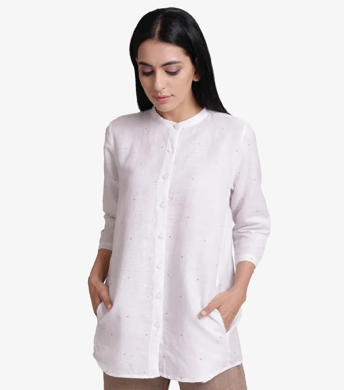 White linen embroidered shirt-- Satin Blend Silk Blend Wool Blend
