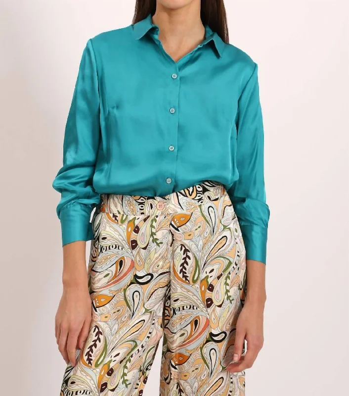 Maximillion Satin Button Down Shirt In Teal-- Hooded Caped Shawl Collar