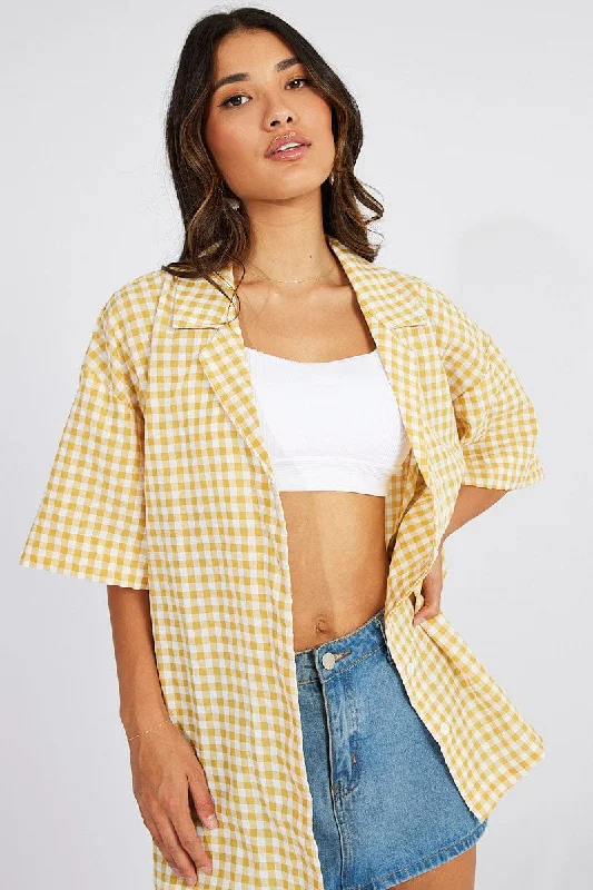 Yellow Check Shirt Short Sleeve-- Solid Print Embellished