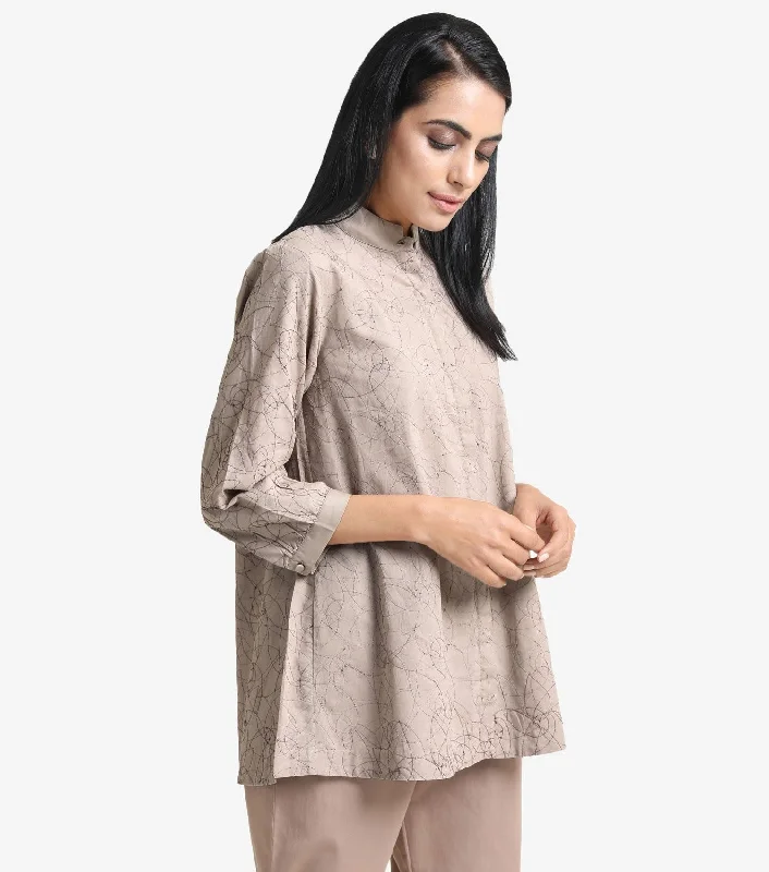 Beige Cotton Embroidered Shirt-- Solid Print Embellished