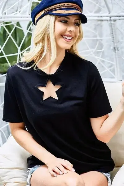 BiBi Star Cutout Short Sleeve T-Shirt-- Asymmetrical Pockets Print