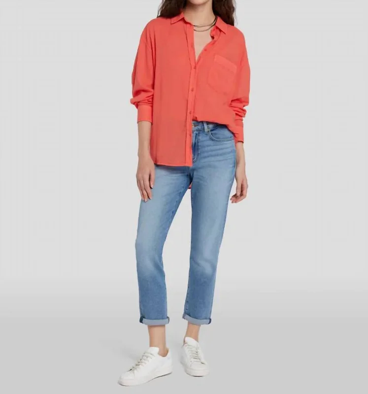 Voile Button Down Shirt In Grapefruit-- Mesh Blend Leather Blend Suede Blend