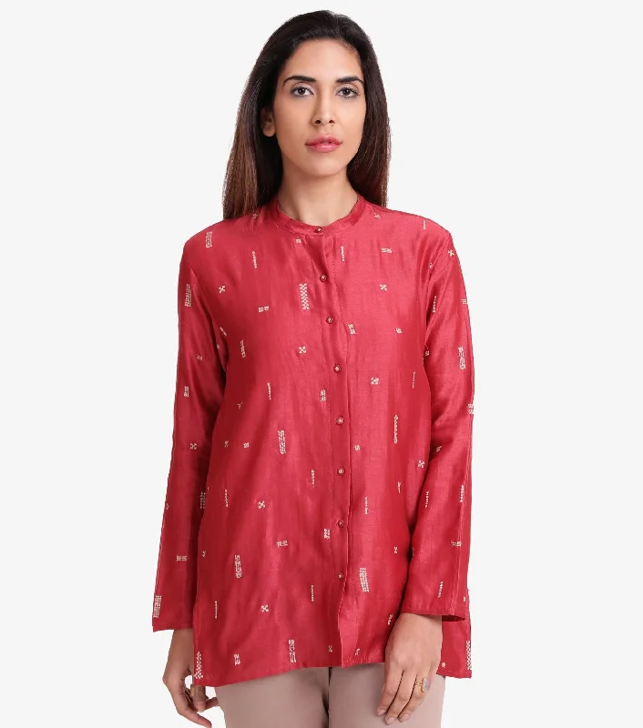 Red embroidered Cotton silk shirt-- Collared Crew Neck Turtle Neck