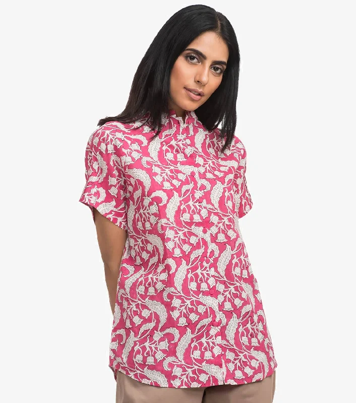 Pink printed cotton shirt -- Basic T-Shirt Crew Neck Short Sleeve