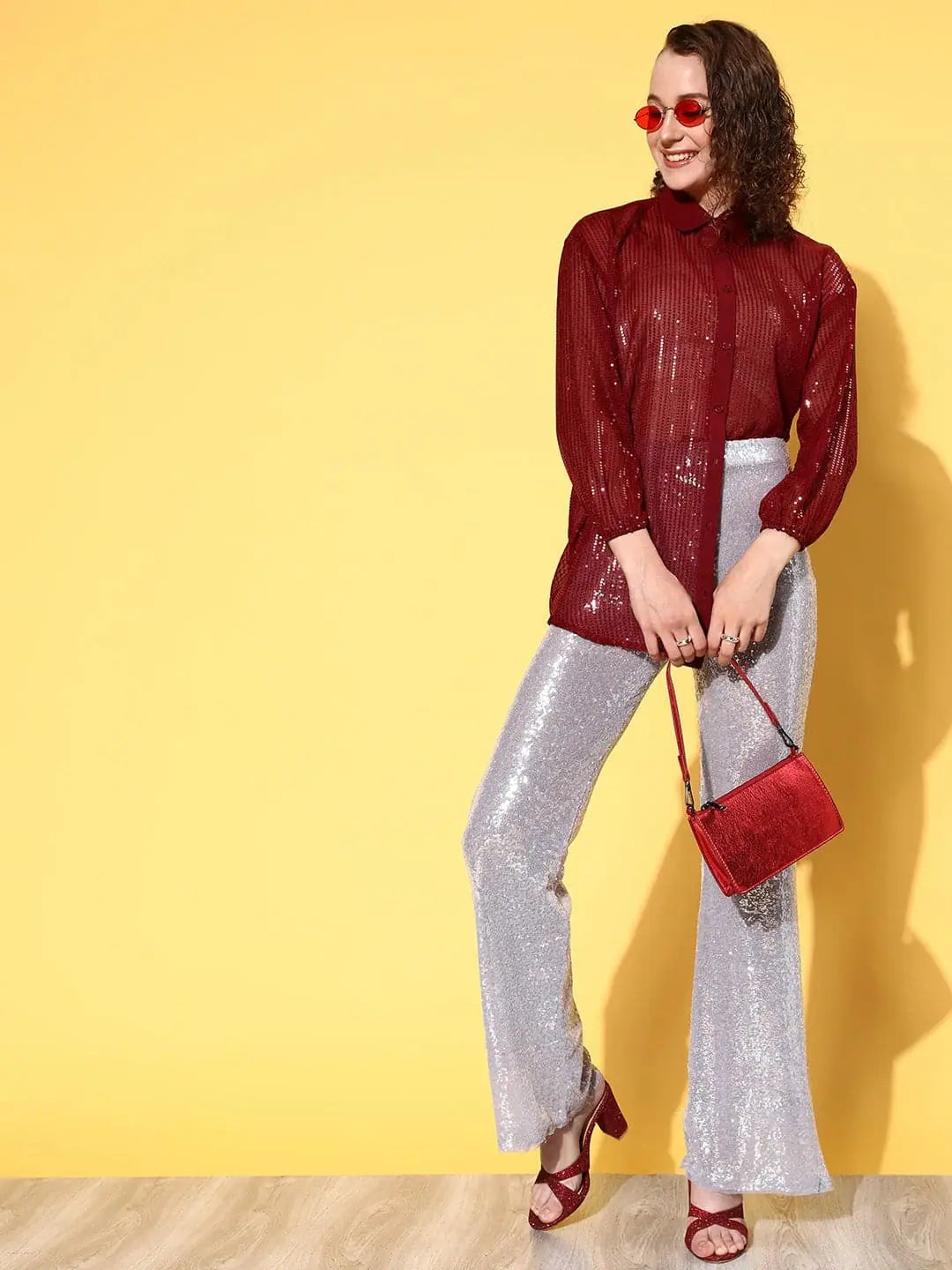 Women Maroon Sequin Shirt-- Terry Blend Velvet Blend Canvas Blend