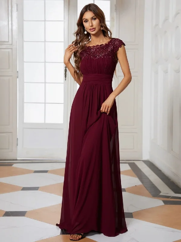 Zjkrl - Elegant Evening Dresses O-Neck Sleeveless A-LINE Lace Floor-Length Gown 2023 Ever pretty of Burgundy Simple Prom Dress Women Tunics Party sparkling