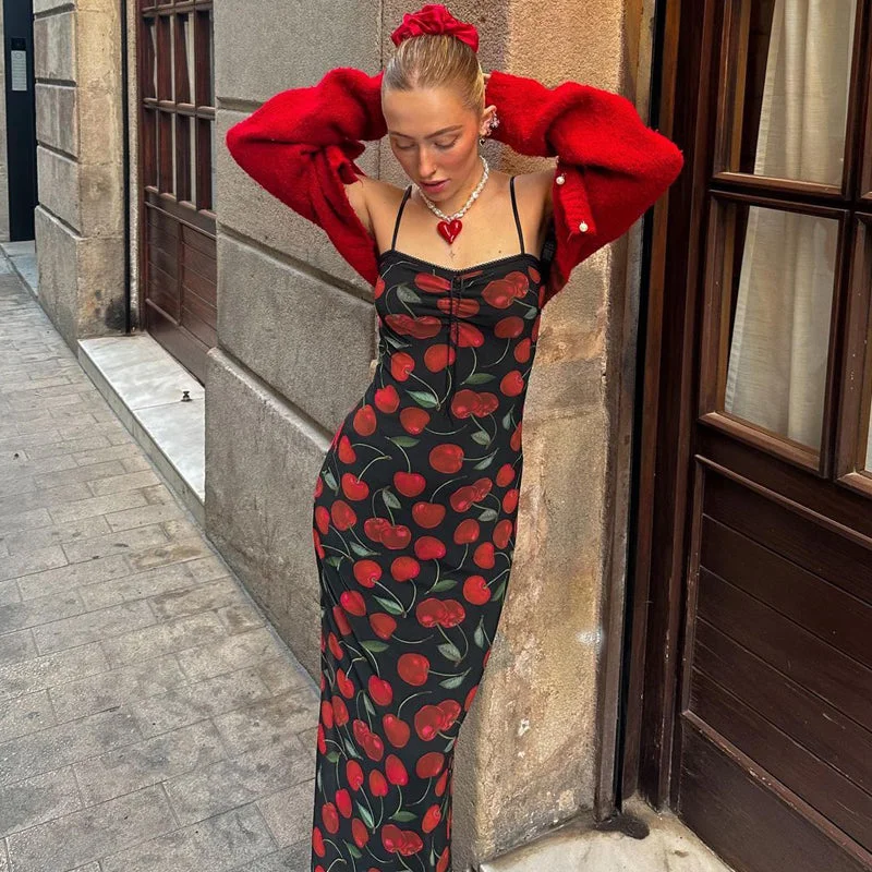 Vail Cherry Print Maxi Dress Shift Classic Vintage