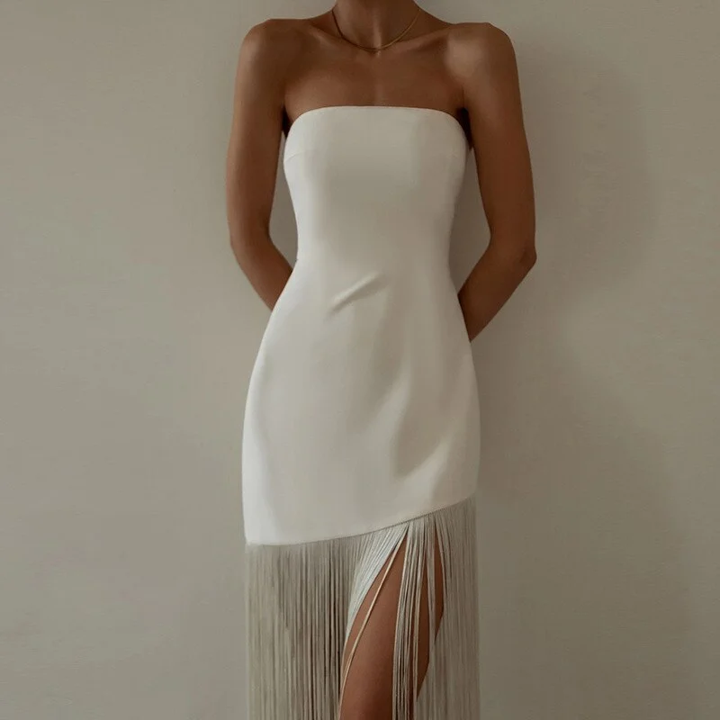 Summer White Black Sexy One Word Collar Tassel Slit Bodycon Dresses Women Elegant Fashion Evening Party Dress Vestidos De Fiesta Tunics Luxurious premium