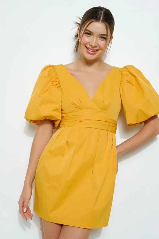 Short Puff Sleeve Open Back Bow Mini Dress Elegant Tulle Mini Dress