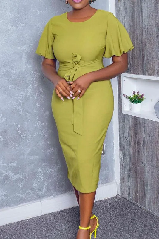 Puff Sleeve Tie Bodycon Midi Dress A-Line Day Work