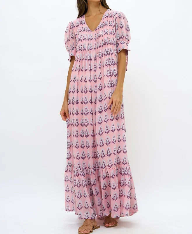 V-Neck Pintuck Maxi Dress In Bodrum Pink A-Line Day Work
