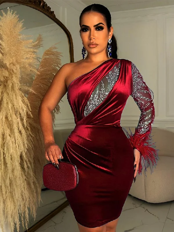 Women Velvet Sexy Feather One Shoulder Mini Dress 2023 Long Sleeve Backless Elegant Gown Female Rhinestone Evening Dresses Tunics Mesh breathable