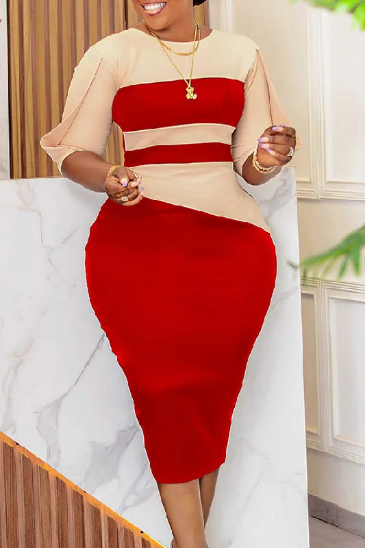 Round Neck Colorblock Midi Dress Tunics Ceremony elegant