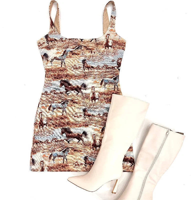 Horse Jacquard Mini Dress Comfortable Smocked Mini Dress