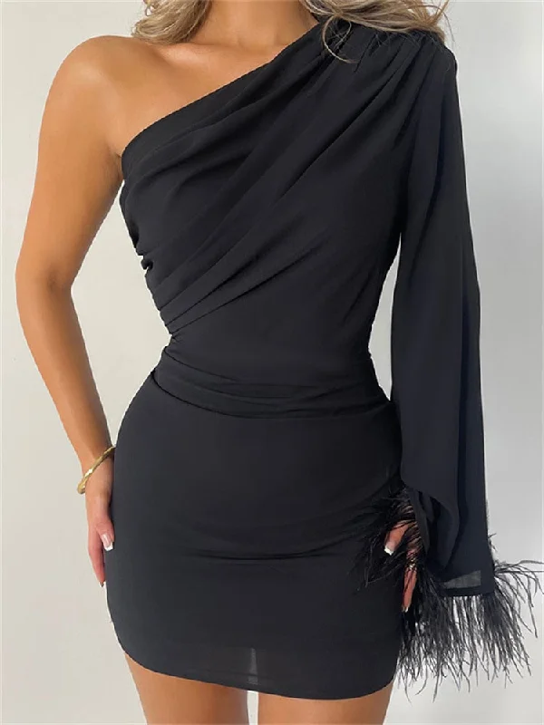 Zjkrl - Elegant One-Shoulder Black Dress Sexy Long Sleeve Women Evening Club Night Vestidos With Fur Feather Mini Dresses 2023 New Tunics Formal black