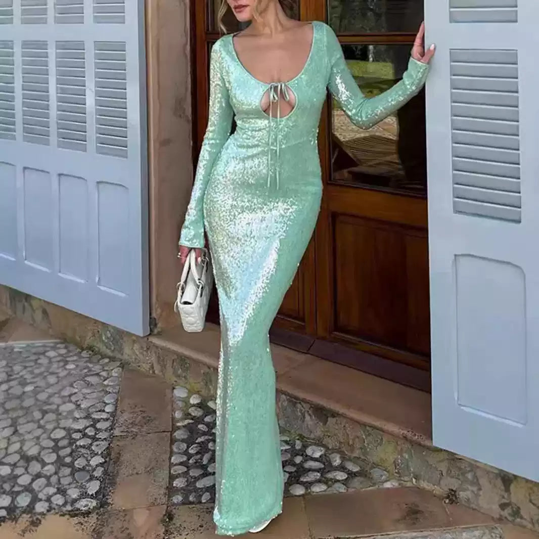 Charvi Sequin Maxi Dress Square Neckline Feminine