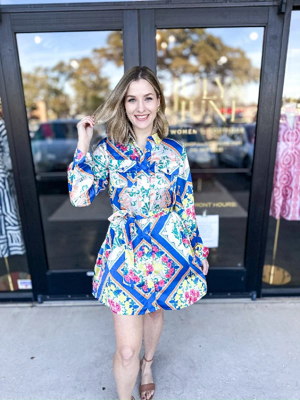 Royal Blue Printed Satin Mini Dress Trendy Wraparound Mini Dress