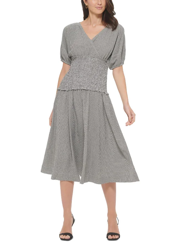 Womens Surplice Puff Sleeves Midi Dress A-Line Day Work