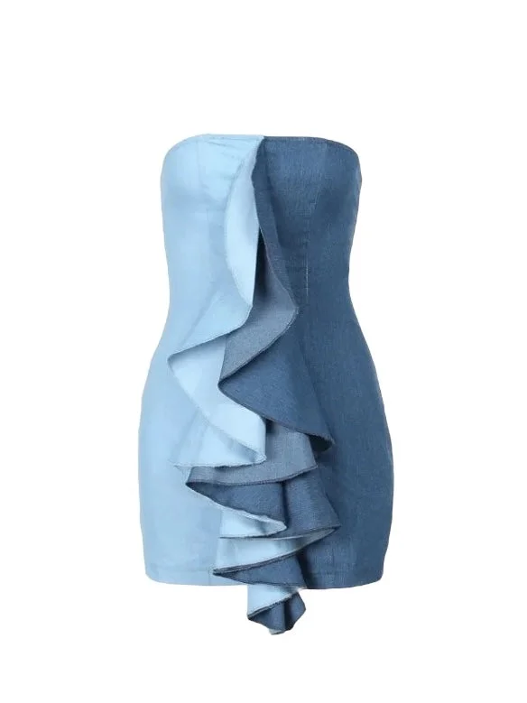 Denim Ruffled Mini Dress Classic White Mini Dress