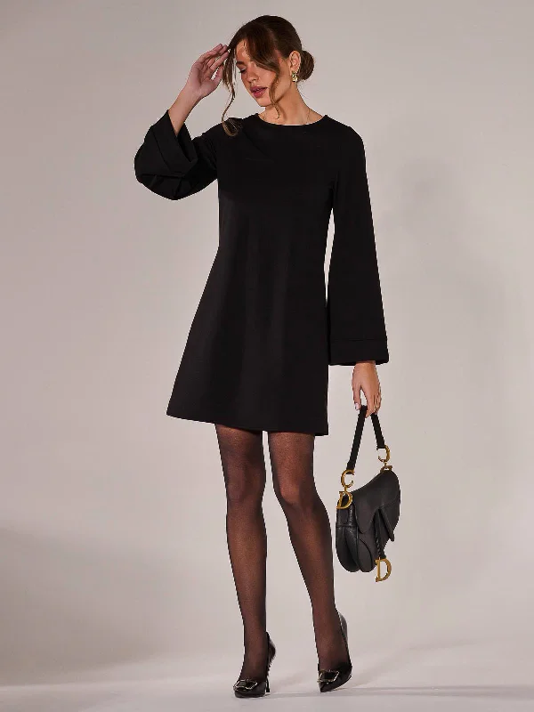Long Sleeve Tunic Mini Dress, Black Comfortable One-Shoulder Mini Dress