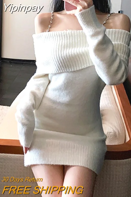 Yipinpay Color Elegant Knitted Dress Woman Bodycon Slim Y2k Mini Dress Casual Party Korean Fashion Long Sleeve Dress 2023 Winter Fashionable Pleated Mini Dress