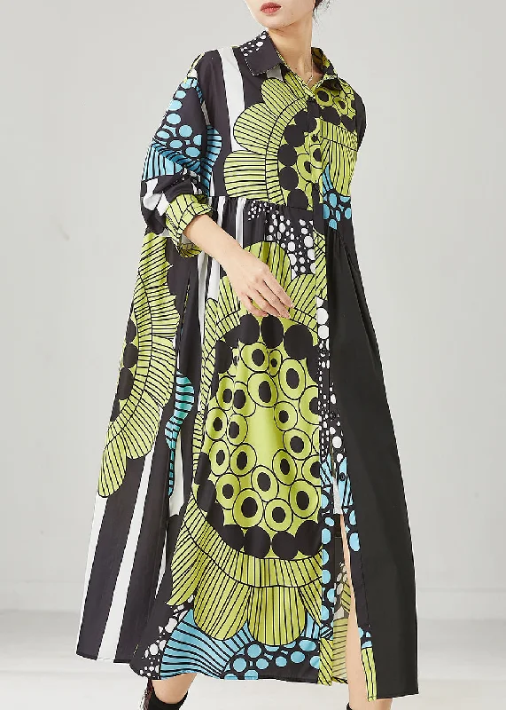 Chic Black Oversized Print Cotton Maxi Dresses Spring YU1036 Crew Neckline Sporty