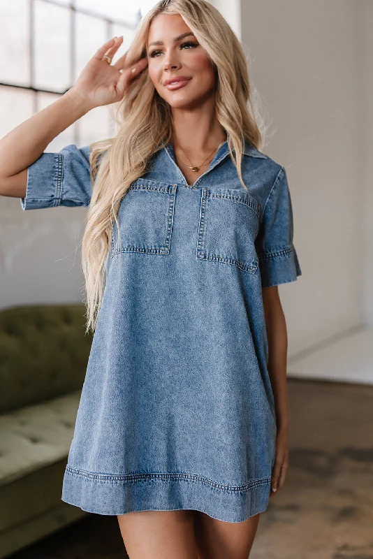 Beau Blue Short Sleeve Collared Patched Pocket Denim Mini Dress Cozy Wraparound Mini Dress Beau Blue Short Sleeve Collared Patched Pocket Denim Mini Dress Cozy Wraparound Mini Dress