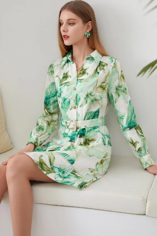 Clare Linen Mini Dress - Green/White Maxi Flowy Bohemian