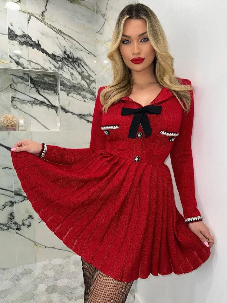 Bonnyshow Chic Sweet Girl 3d Bow Knitted A Line Mini Dress Elegant Lapel Long Sleeves Pleated Hem Contrasting Dresses Lady Party Vestdios Fashionable Mini Dress with Frills Bonnyshow Chic Sweet Girl 3d Bow Knitted A Line Mini Dress Elegant Lapel Long Sleeves Pleated Hem Contrasting Dresses Lady Party Vestdios Fashionable Mini Dress with Frills