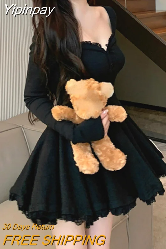 Yipinpay Sleeve Lace Mini Dress Woman Lolita Kawaii Dress Party Casual 2023 Autumn Slim Pure Color Elegant Dress Korean Style Female Elegant Vintage Mini Dress