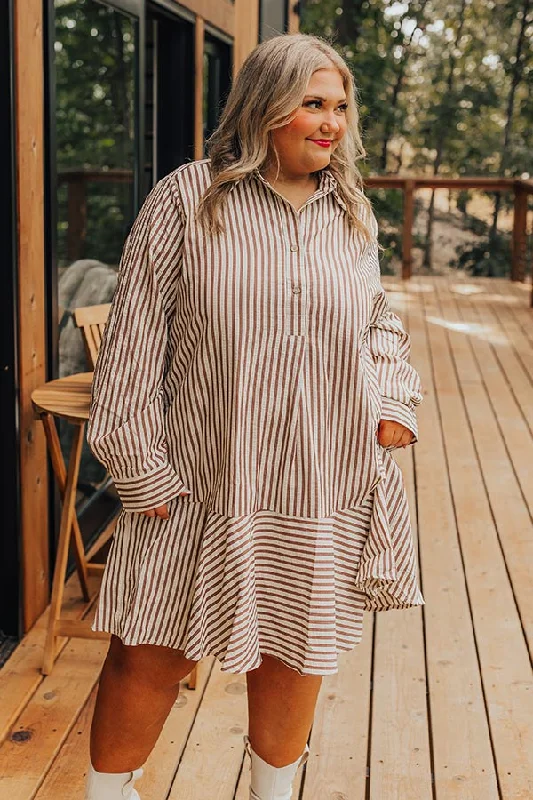 Stripe A Pose Mini Dress in Brown Curves Chic Pleated Mini Dress