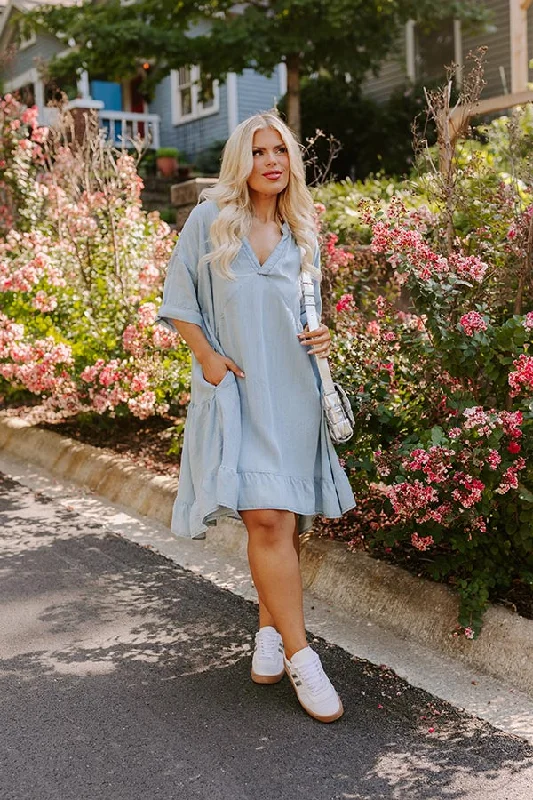 Farmers Market Cutie Chambray Mini Dress Curves Stylish Short Sleeve Mini Dress