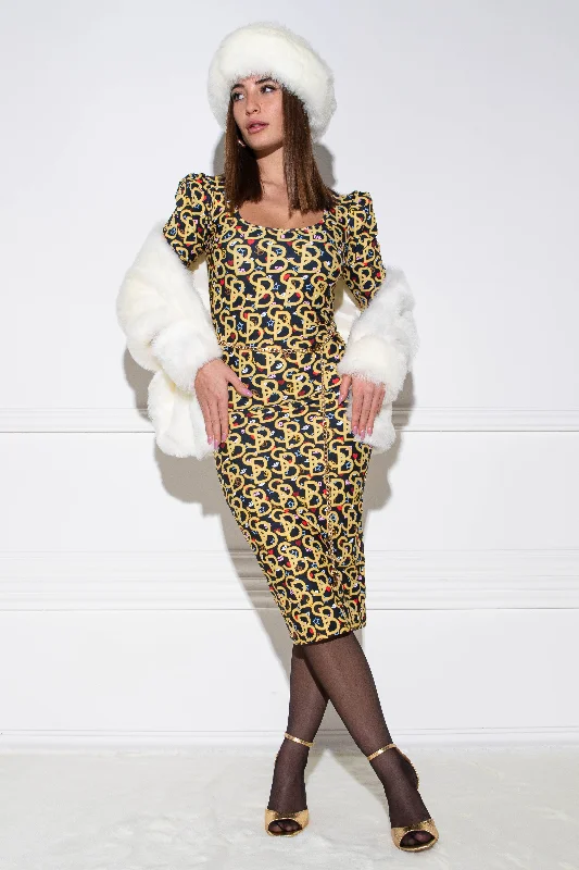 Boryo-Ryo Gold Monogram dress Cowl Neckline Elegant