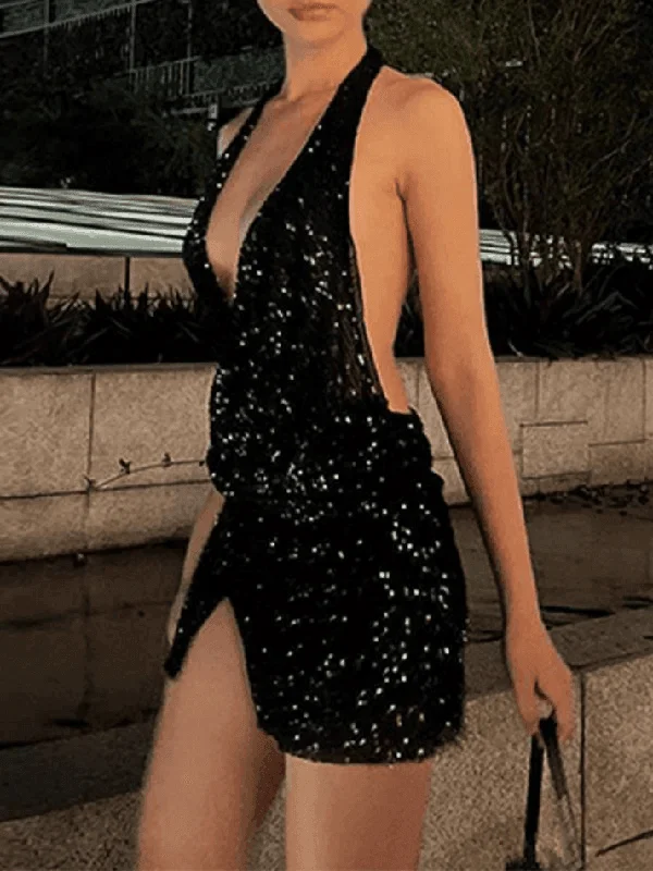 Split Sequin Halter Party Mini Dress Tunics Custom made