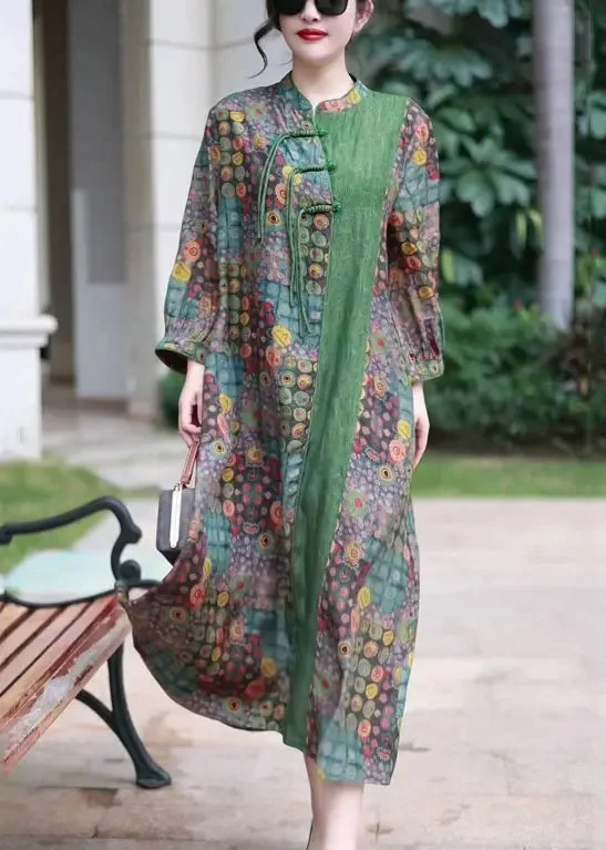 French Green Button Print Patchwork Silk Long Dress Spring CG1020 sweetheart Neckline Romantic French Green Button Print Patchwork Silk Long Dress Spring CG1020 sweetheart Neckline Romantic