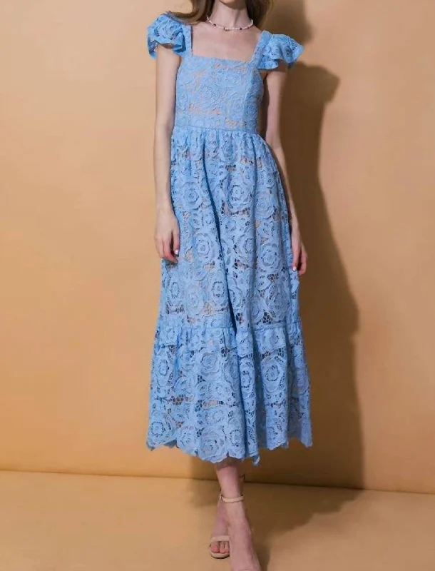 Solid Lace Midi Dress In Blue Maxi Flowy Bohemian