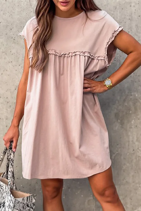 Oatmeal Frilled Trim Crew Neck Loose Fit Mini Dress Comfortable Smocked Mini Dress