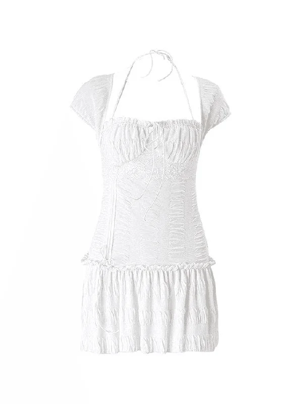 Lace-Up Ruffle Halter Mini Dress Tunics Plaid country