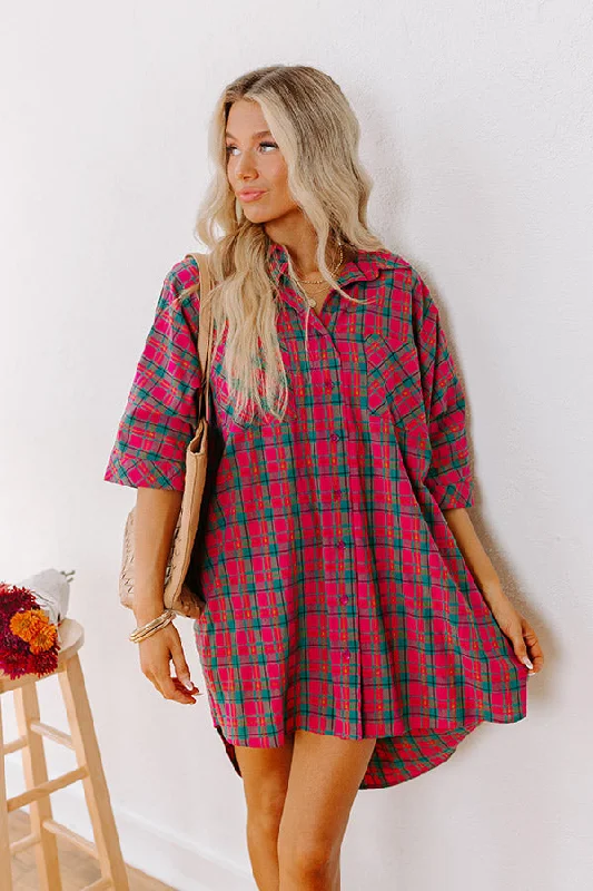 Cider Sippin' Oversized Plaid Mini Dress in Pink Fashionable Polka Dot Mini Dress