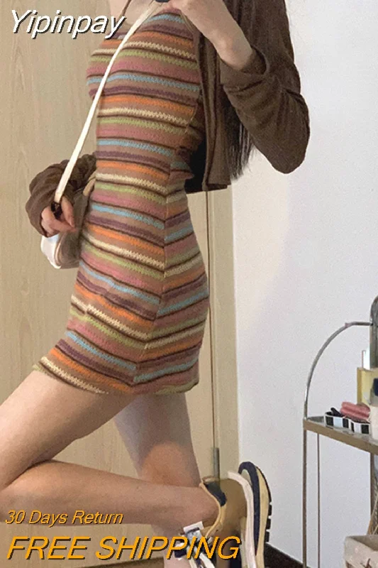 Yipinpay Summer Korean 2 Piece Dress Set Woman Rainbow Sexy Bodycon Strap Mini Dress + Pure Color Long Sleeve Tops Elegant Suit Comfortable Casual Mini Dress Yipinpay Summer Korean 2 Piece Dress Set Woman Rainbow Sexy Bodycon Strap Mini Dress + Pure Color Long Sleeve Tops Elegant Suit Comfortable Casual Mini Dress