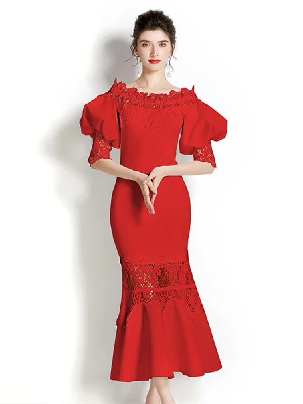 Luxury Water Soluble Lace Flower Embroidery Patchwork Elastic Fishtail Dress Women Sexy Lantern Sleeve Evening Party Vestidos Off-the-shoulder Chic Trendy
