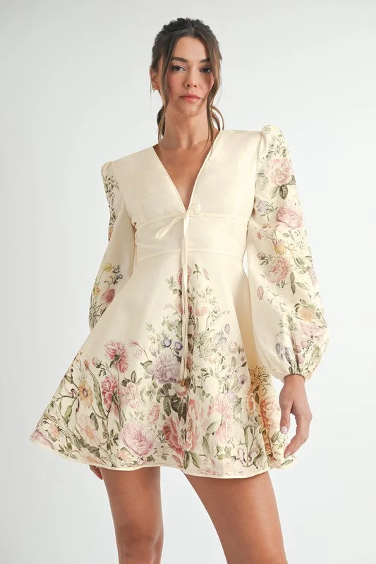 Creme Floral Long Sleve Mini Dress Fashionable Lace Mini Dress