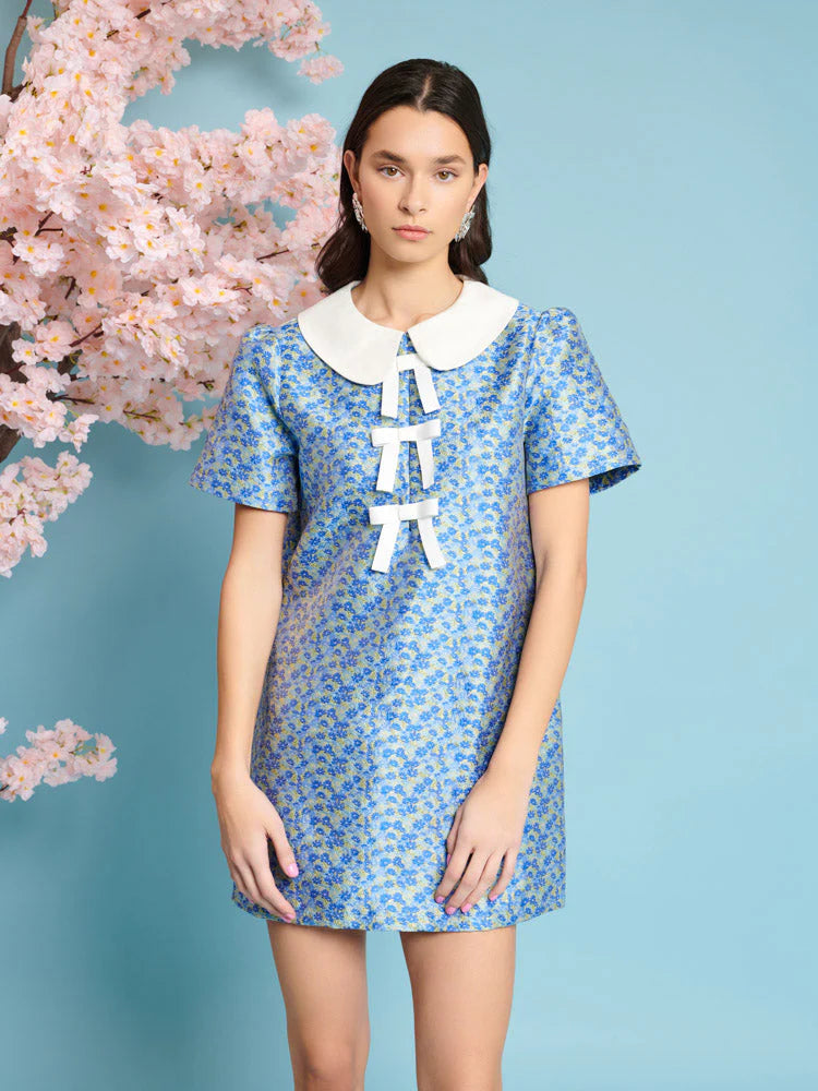 Azure Jaquard Mini Dress Trendy Floral Mini Dress