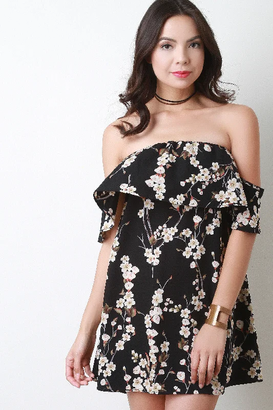 Cherry Blossom Off The Shoulder Mini Dress Trendy Button-Detail Mini Dress