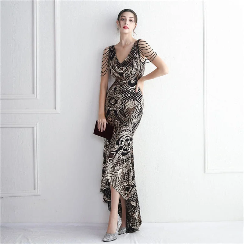 Zjkrl - Elegant Women Beading Sleeve Long Prom Mermaid Dress Sexy Deep V Neck Sequin Evening Party Maxi Dress Tunics Long Elegant
